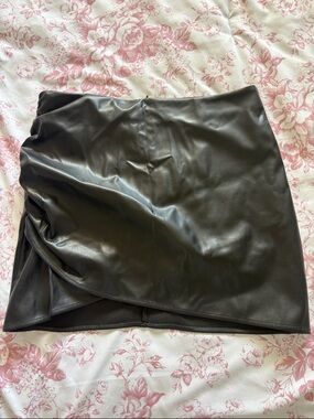 Cider Black Faux Leather Mini Skirt with Draped Wrap Detail